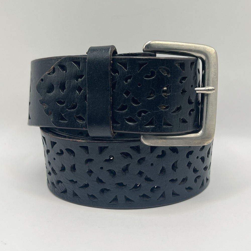 Laser Cut Detail Leather Belt Medium Black Silver Hardware Boho Western Indie